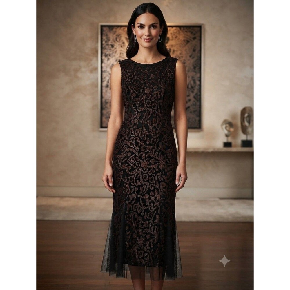 R M Richards Black Metallic Sleeveless Flocked Velvet Fit & Flare Dress